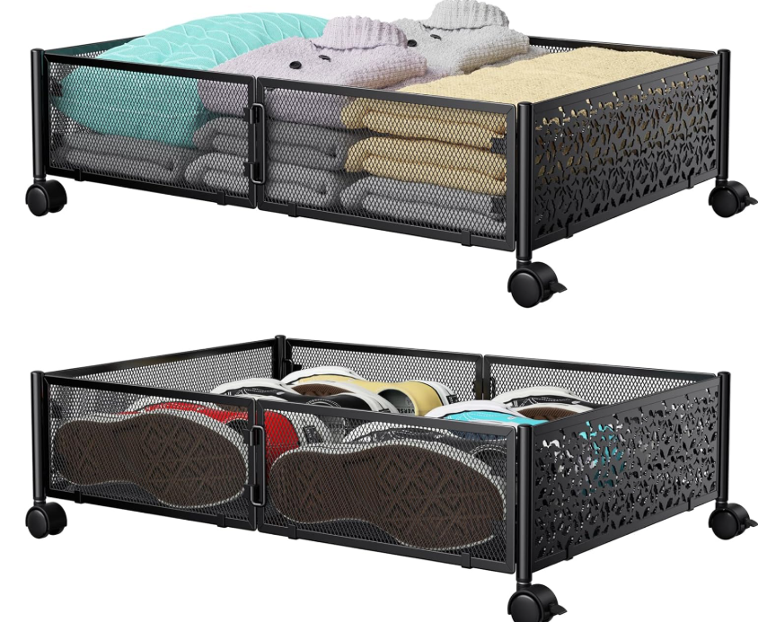 Metal Under-Bed Storage Box With Wheels; Stylish Patterned Design