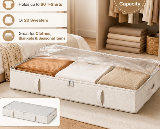 Under-Bed Storage Box With Side-Wall Support For Organizing Clothes And Blankets