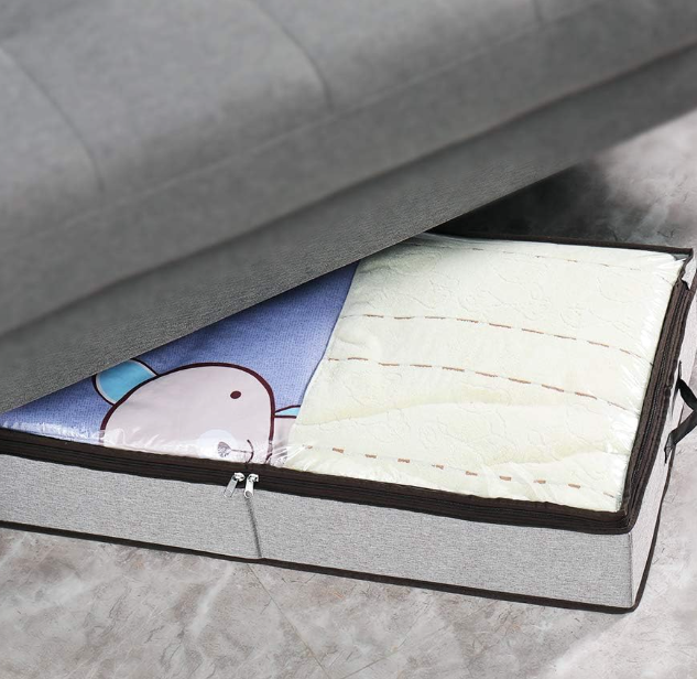 Under-Bed Storage Box With Zippered Viewing Window; Stylish Linen-Look Finish