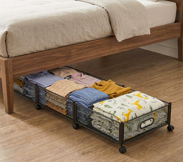 Metal-Frame Under-Bed Storage Box With Wheels For Organizing Clothes And Toys