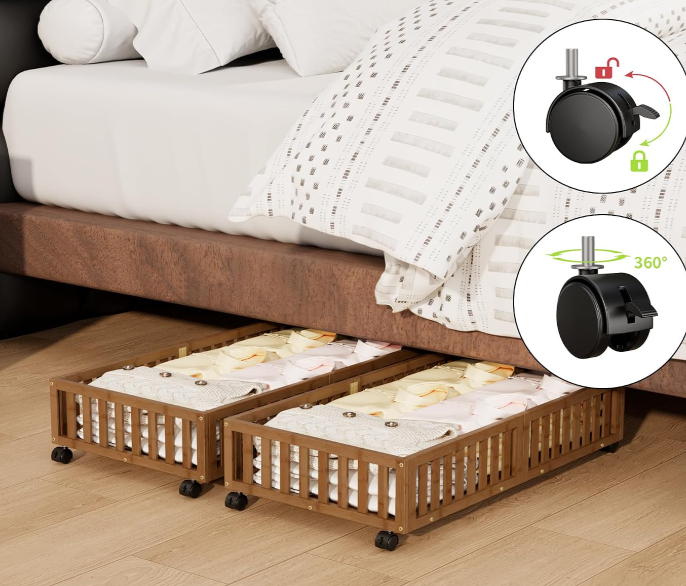 Bamboo Under-Bed Storage Box With Wheels For Organizing Clothes And Toys - Image 2