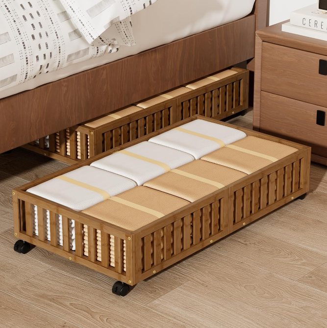 Bamboo Under-Bed Storage Box With Wheels For Organizing Clothes And Toys