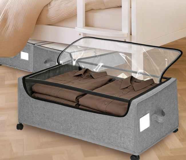 Metal Under-Bed Storage Box With Wheels; High-Capacity Storage For Clothes And Blankets - Image 2