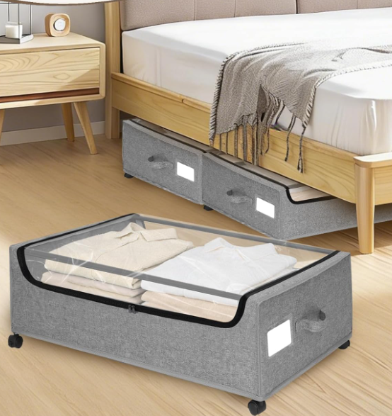 Metal Under-Bed Storage Box With Wheels; High-Capacity Storage For Clothes And Blankets