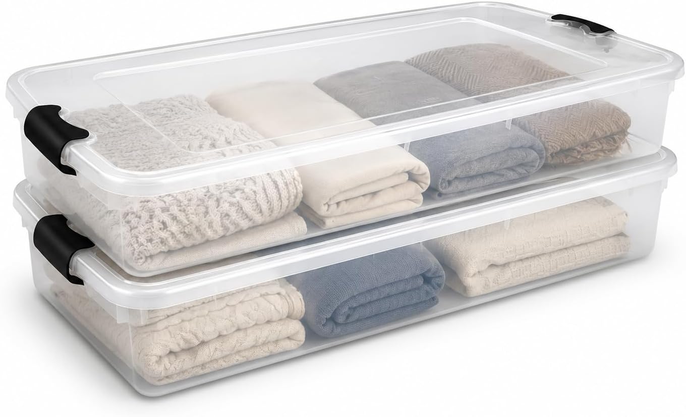 Transparent Plastic Under-Bed Storage Box With Lid; High-Capacity Clothing Organizer