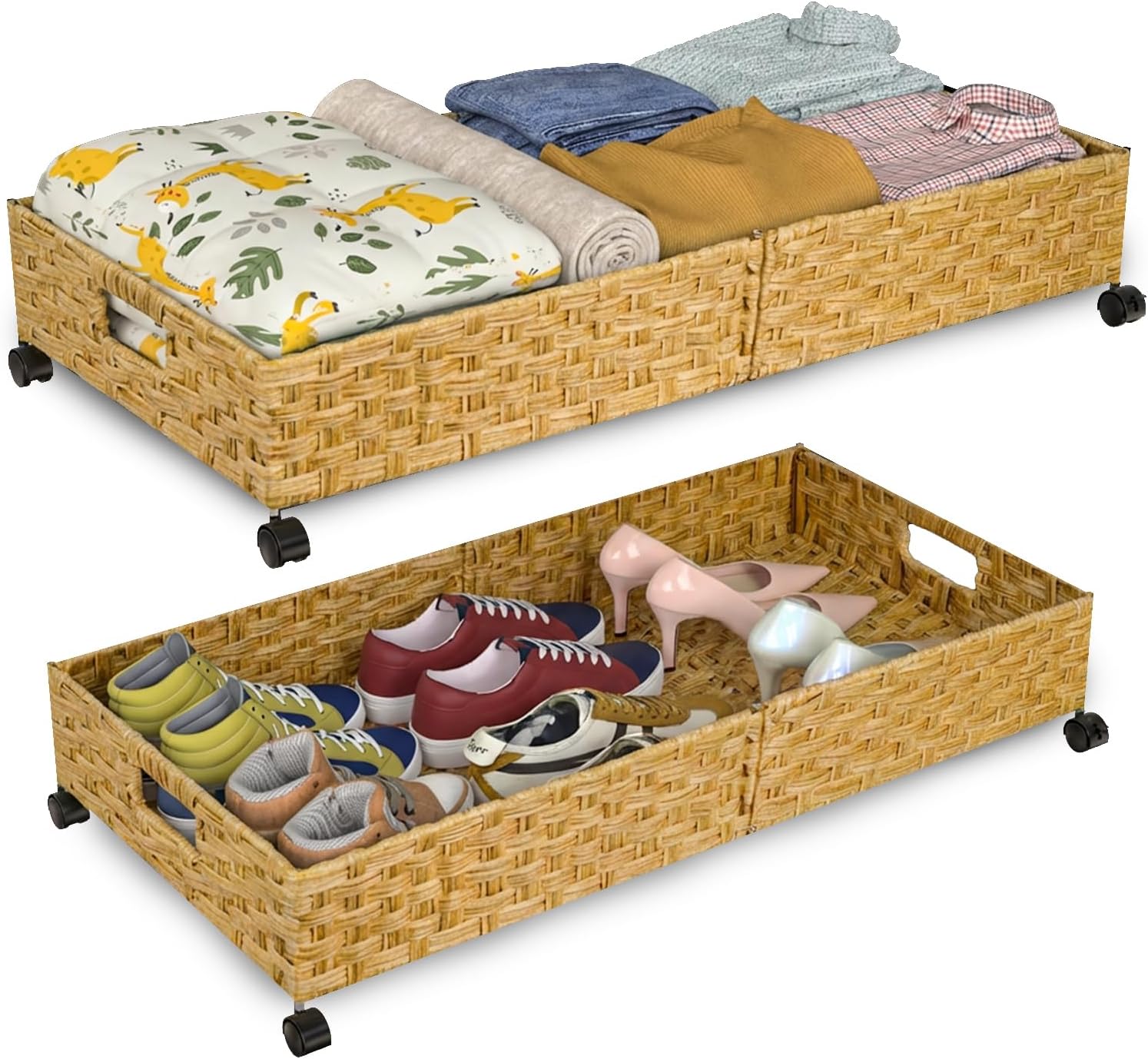 Hand-Woven Under-Bed Storage Box With Wheels; Natural Material Storage For Clothing