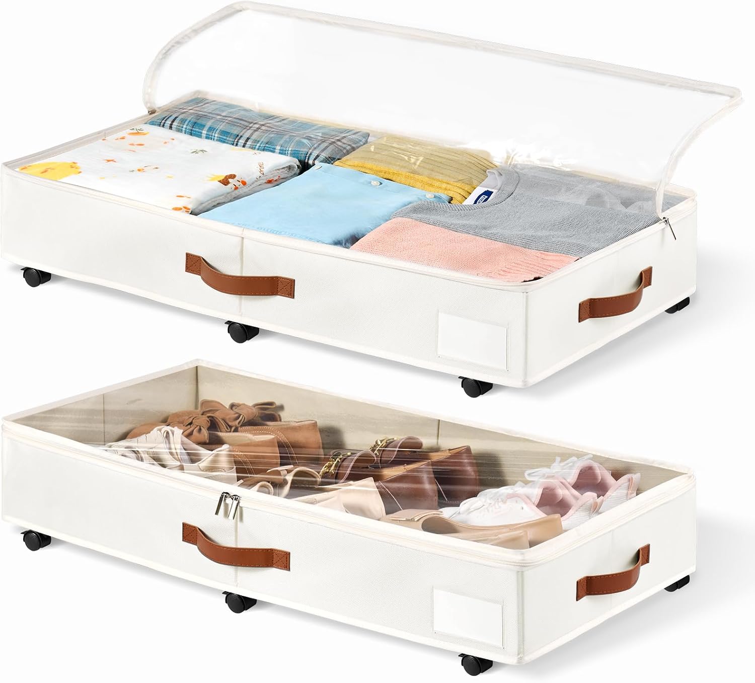 Under-Bed Storage Box With Wheels And Transparent Lid For Shoes, Sheets, And Clothes