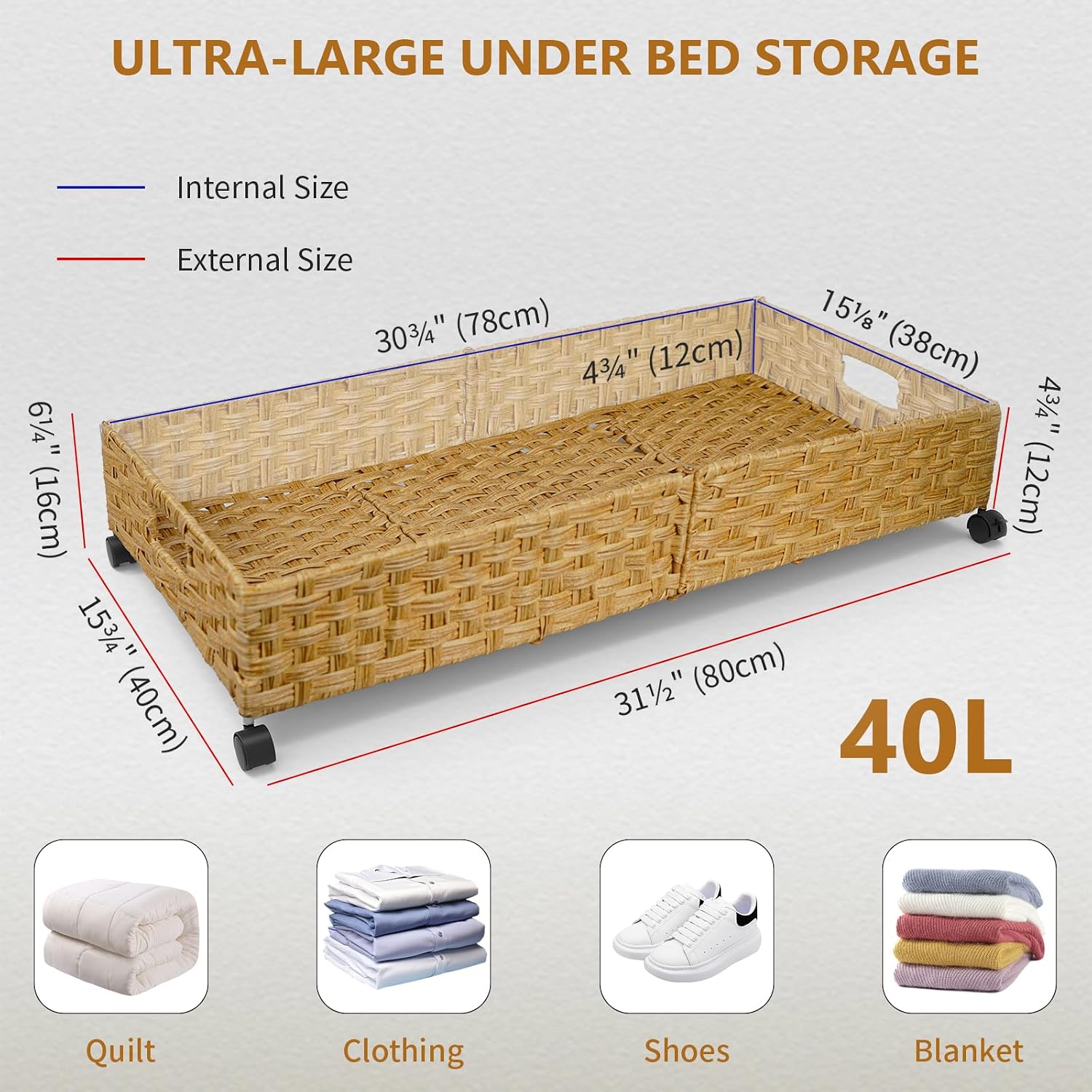 Hand-Woven Under-Bed Storage Box With Wheels; Natural Material Storage For Clothing - Image 2