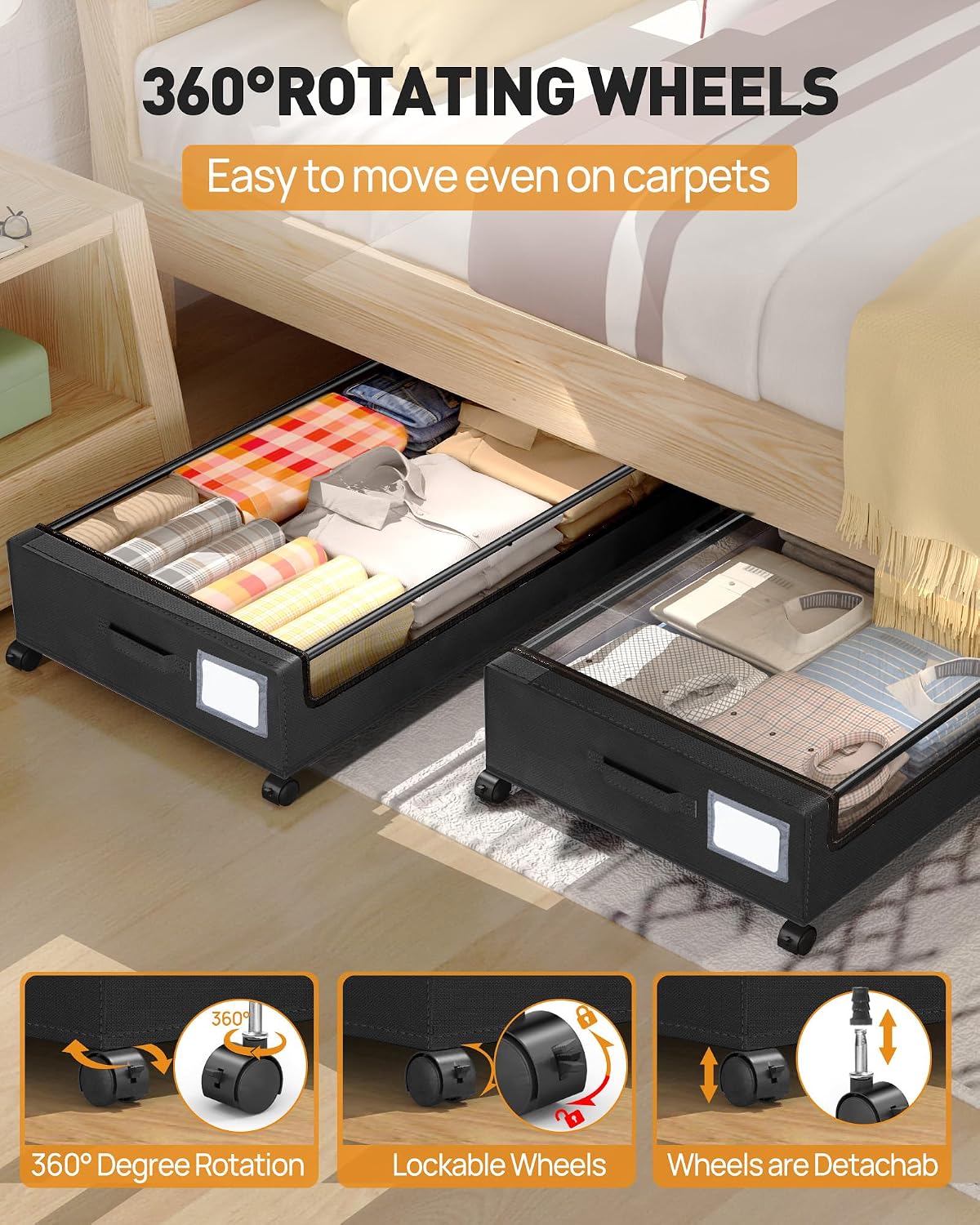 Metal Under-Bed Storage Box With Wheels; Drawer-Style Organizer For Clothes And Blankets - Image 2